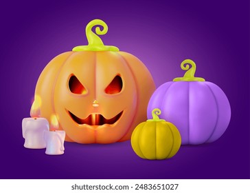 3d Happy Halloween Concept Cartoon Design Style. Vector illustration of Pumpkin with Cut Scary Smile and Candles