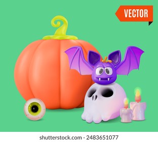 3d Happy Halloween Concept Cartoon Design Style. Vector illustration of Skull, Flying Bat, Eyeball Candy and Pumpkin