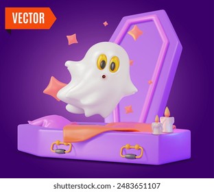 3d Happy Halloween Concept Cartoon Design Style. Vector illustration of Fly Ghost and Coffin for Dead