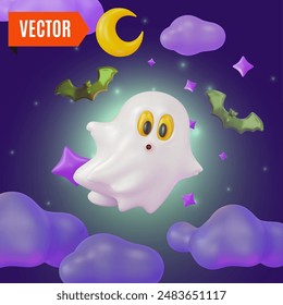 3d Happy Halloween Concept Cartoon Design Style. Vector illustration of Fly Ghost with Bats on Night Moon