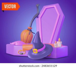 3d Happy Halloween Concept Cartoon Design Style. Vector illustration of Coffin for Dead, Witch Hat and Broom