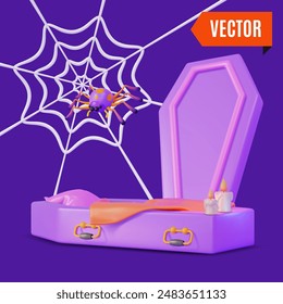 3d Happy Halloween Concept Cartoon Design Style. Vector illustration of Coffin for Dead, Spider and Cobweb