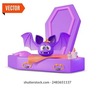 3d Happy Halloween Concept Cartoon Design Style. Vector illustration of Flying Bat and Coffin for Dead