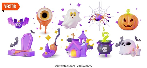 3d Happy Halloween Concept Set Cartoon Design Style Include of Coffin, Skull, Bat, Eyeball Candy and Pumpkin. Vector illustration