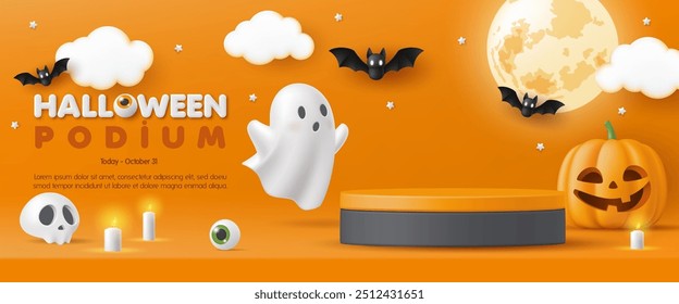 Banner de pódio de produto 3D Happy Halloween. Abóbora, lua, crânio, fantasma bonito no fundo laranja. Festa de decoração assustadora, cartão de saudação assustador, site de promoção venda, post de mídia social. Truque ou deleite