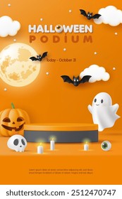 3D Happy Halloween product podium banner. Pumpkin, moon, skull, cute ghost on orange background. Spooky decoration party, scary greeting card, promotion sale website, social media post. Trick or treat