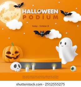 3D Happy Halloween product podium banner. Pumpkin, moon, skull, cute ghost on orange background. Spooky decoration party, scary greeting card, promotion sale website, social media post. Trick or treat