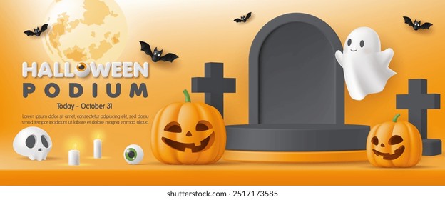 3D Happy halloween product podium banner template. Pumpkin, cute ghost on orange background. Special discount promotion sale offer, website, online shop, store, advertising, social media post.