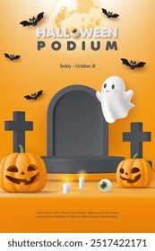 3D Happy halloween product podium banner template. Pumpkin, cute ghost on orange background. Special discount promotion sale offer, website, online shop, store, advertising, social media post.