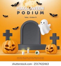 3D Happy halloween product podium banner template. Pumpkin, cute ghost on orange background. Special discount promotion sale offer, website, online shop, store, advertising, social media post.