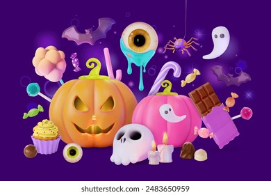 3d feliz Halloween truco o trato concepto de fondo de dibujos animados estilo de diseño. Ilustración vectorial de diferentes caramelos y calabaza