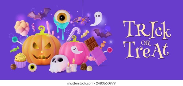 3d feliz Halloween truco o trato concepto de anuncios Anuncio póster Plantilla de la tarjeta . Ilustración vectorial de diferentes caramelos y calabaza