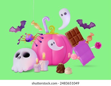 3d feliz Halloween truco o trato concepto de diseño de dibujos animados estilo. Ilustración vectorial del murciélago volador, diferentes caramelos y calabaza