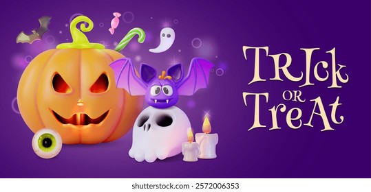 3d Happy Halloween Trick or Treat Concept Banner Poster Card Template . Vector illustration of Pumpkin with Cut Scary Smile and Eyeball Candy