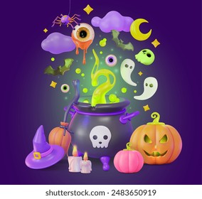 3d Happy Halloween Witching Hours is Near Concept Background Cartoon Design Style. Vector illustration of Witch Cauldron, Hat and Broom