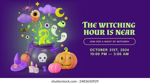 3d Happy Halloween Witching Hours is Near Concept Ads Banner Poster Card Template. Vector illustration of Witch Cauldron or Pot, Hat and Broom