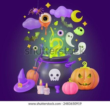 3d Happy Halloween Witching Hours is Near Concept Background Cartoon Design Style. Vector illustration of Witch Cauldron, Hat and Broom
