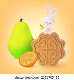 3d Happy Mid Autumn Festival Concept Cartoon Style Pomelo and Rabbit Sitting on Mooncake. Vector illustration