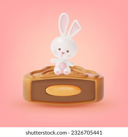 3d Happy Mid Autumn Festival Concept Cartoon Style. Vector illustration of Rabbit Sitting on Mooncake Composition