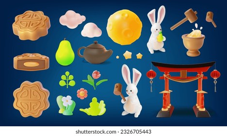 3d Happy Mid Autumn Festival Concept Cartoon Style Include of Moon, Rabbit, Mooncake and Gate. Vector illustration