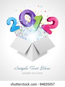 3d Happy new year 2012 3d message fly fro open box vector background. Eps 10.