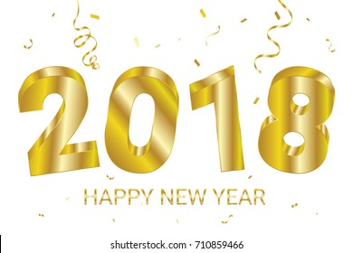 3D Happy New Year 2018 With Golden Confetti And Ribbon. Celebration & Party Banner Background. Vector Illustration
