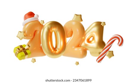 3d Happy New Year 2024 Cartoon Style Concept Poster Card Invitation. Vector illustration of Metallic Gold Balloons