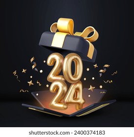 3d Happy New Year 2024. Open gifts box number sign 2024. Merry Christmas Background. Xmas sale present. 3d rendering. Vector illustration