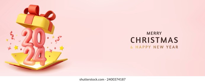 3d Happy New Year 2024. Open gifts box number sign 2024. Merry Christmas Background. Xmas sale present. 3d rendering. Vector illustration