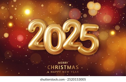 3d Happy New Year 2025. Hanging golden 3D numbers with confetti on a defocused colorful, bokeh background. Vector illustration