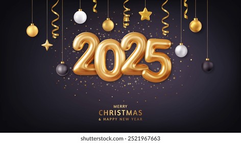 3d Happy new year 2025. Gold Foil Balloons numbers with golden Christmas decoration and confetti on dark blue background. Holiday greeting card design. 3d rendering. Vector illustration