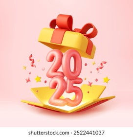 3d Happy New Year 2025. Open gifts box number sign 2025. Merry Christmas Background. Xmas sale present. 3d rendering. Vector illustration