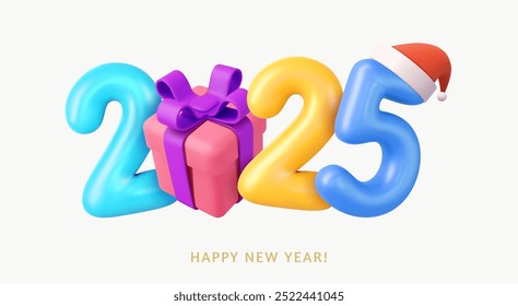 3d Happy New Year 2025. Number with gift box. Christmas decoration. Xmas Poster, banner, cover card, brochure, flyer, layout design. 3d rendering. Vector illustration
