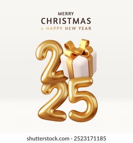 3d Happy New Year 2025. gift box ribbons and Christmas decorations. Merry Christmas greeting card. 3d rendering. Vector illustration