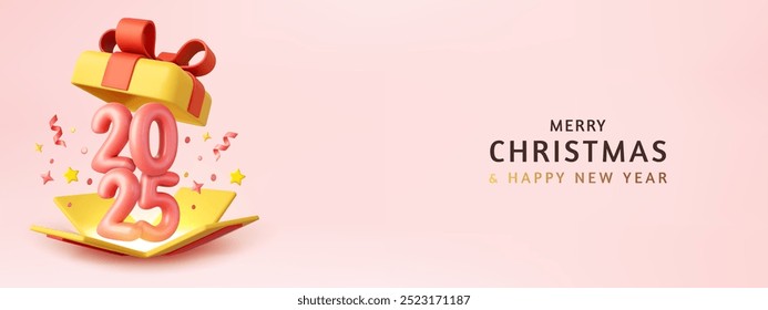 3d Happy New Year 2025. Open gifts box number sign 2025. Merry Christmas Background. Xmas sale present. 3d rendering. Vector illustration