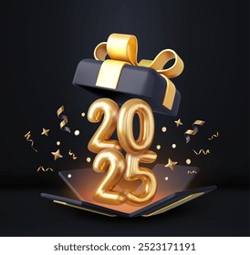 3d Happy New Year 2025. Open gifts box number sign 2025. Merry Christmas Background. Xmas sale present. 3d rendering. Vector illustration