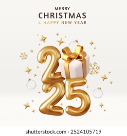 3d Happy New Year 2025. gift box ribbons and Christmas decorations. Merry Christmas greeting card. 3d rendering. Vector illustration