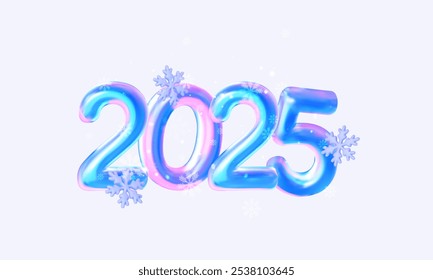 3D Happy New Year 2025 design in holographic style. Horizontal vector banner template for New Year greetings.