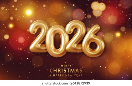 3d Happy New Year 2026. Hanging golden 3D numbers with confetti on a defocused colorful, bokeh background. Vector illustration