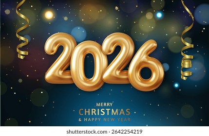 3d Happy New Year 2026. Hanging golden 3D numbers with confetti on a defocused colorful, bokeh background. Vector illustration
