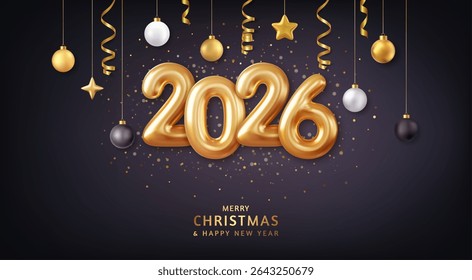 3d Happy new year 2026. Gold Foil Balloons numbers with golden Christmas decoration and confetti on dark blue background. Holiday greeting card design. 3d rendering. Vector illustration