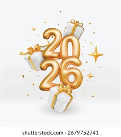 3d Feliz Ano Novo 2026. Caixa de presente branca, fitas de arco de ouro e decorações de Natal. Feliz cartão de felicitações de Natal. Ilustração vetorial