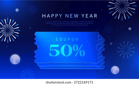 3d happy new year discount voucher banner with blue 50% coupon tickets and festive fireworks background for holiday sale promotion. 3d vector illustration