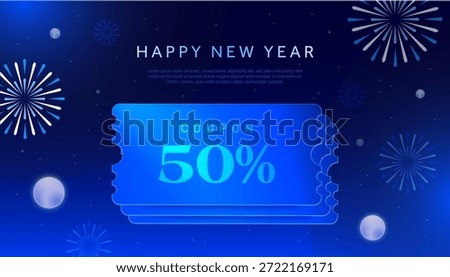 3d happy new year discount voucher banner with blue 50% coupon tickets and festive fireworks background for holiday sale promotion. 3d vector illustration