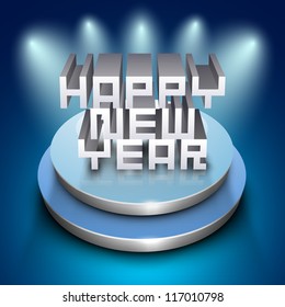 Texto de 3D Feliz Año Nuevo en el escenario sobre un brillante fondo azul. EPS 10.
