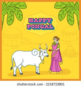 3D Happy Pongal Font And Cartoon South Indian Woman Worshiping Bull Against Yellow Background.