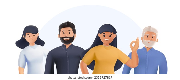 3D happy positive people, group. 3D cartoon style vector design illustrations. Different people culture team. Teamwork and cooperation render vector