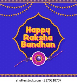 3D Happy Raksha Bandhan Font With Pearl Wristband (Rakhi) And Bunting Flags On Purple Background.