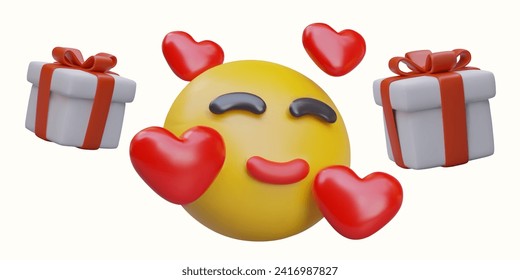 3D happy, satisfied emoticon, red hearts, gift boxes. Concept of pleasant surprise. Anniversary. Gift for loved one. Valentine Day. Vector poster in cute style