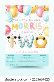 3d Happy second birthday party greeting card. Celebration background with number two design by little cute monster characters, printable invitation card. Vector Illustration